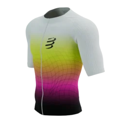 Top de Triatlón Compressport Tri Postural Aero SS Hombre Blanco/Amarillo Seguridad/Rosa Neón