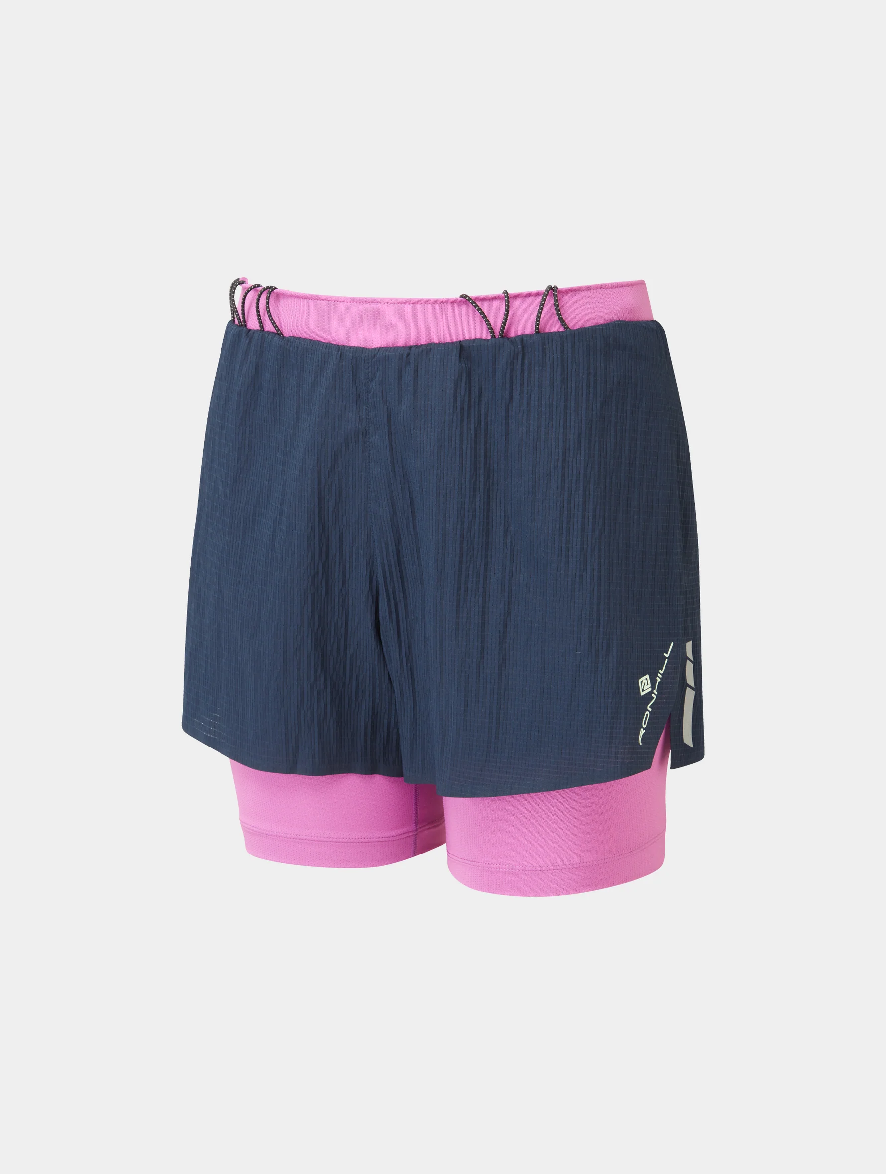 Short de Running Tech Race Twin Ronhill Mujer Azul con Fucsia