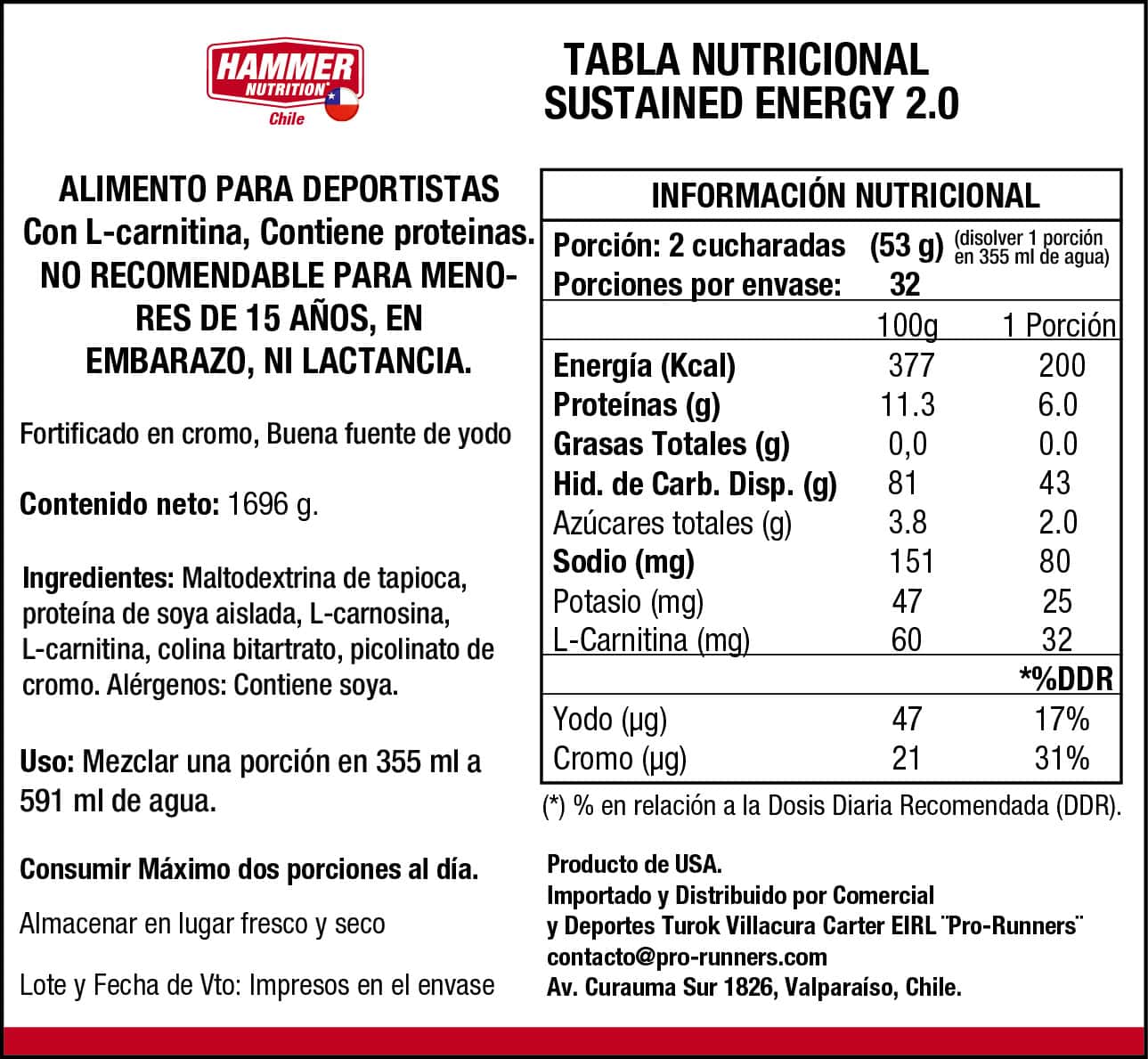 Bebida Deportiva Hammer Nutrition Sustained Energy 2.0® 32 Porciones - Imagen 3