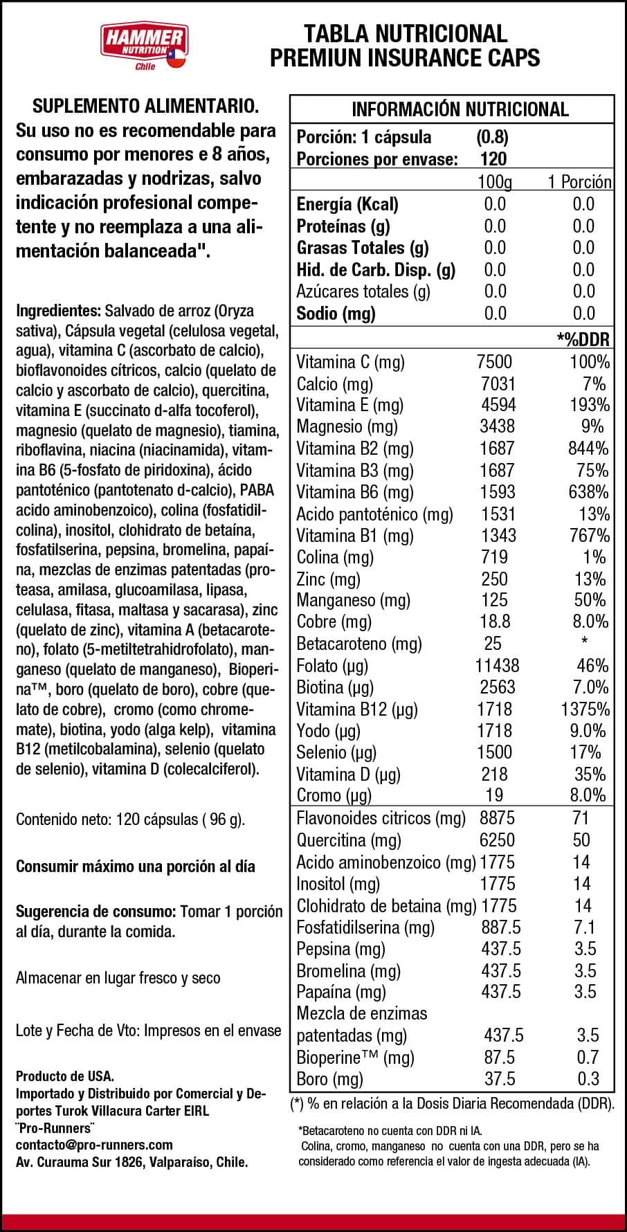 Multivitamínico Premium Insurance Caps Hammer Nutrition - Imagen 2