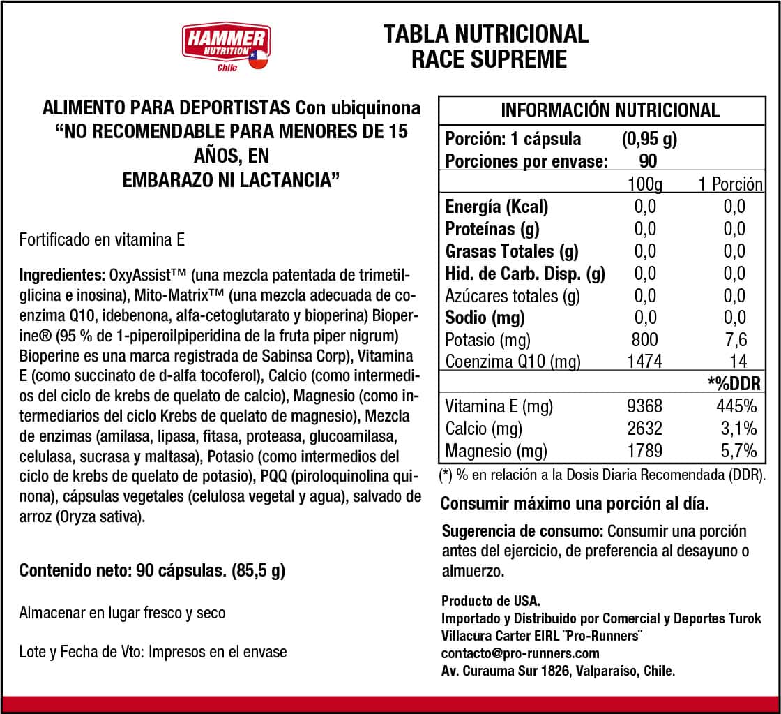 Race Caps Supreme Energía y Recuperación Hammer Nutrition 90 Cápsulas - Imagen 2